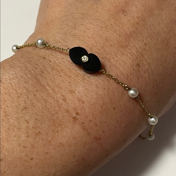 14K Gold + Black Onyx w/ double-sided Diamonds on stationed Pearl chain bracelet - Picture 11 of 14